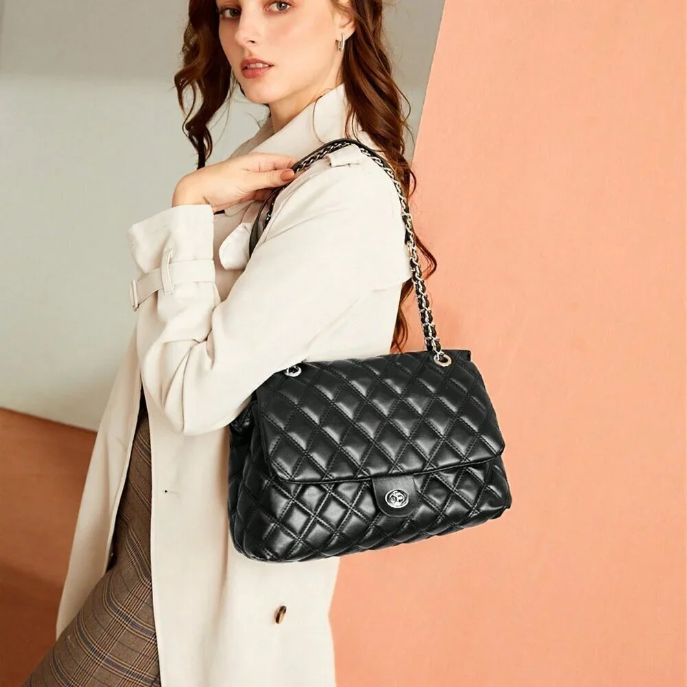 Black Elegant Women's Large Capacity Rhombic Pattern Crossbody Bag
